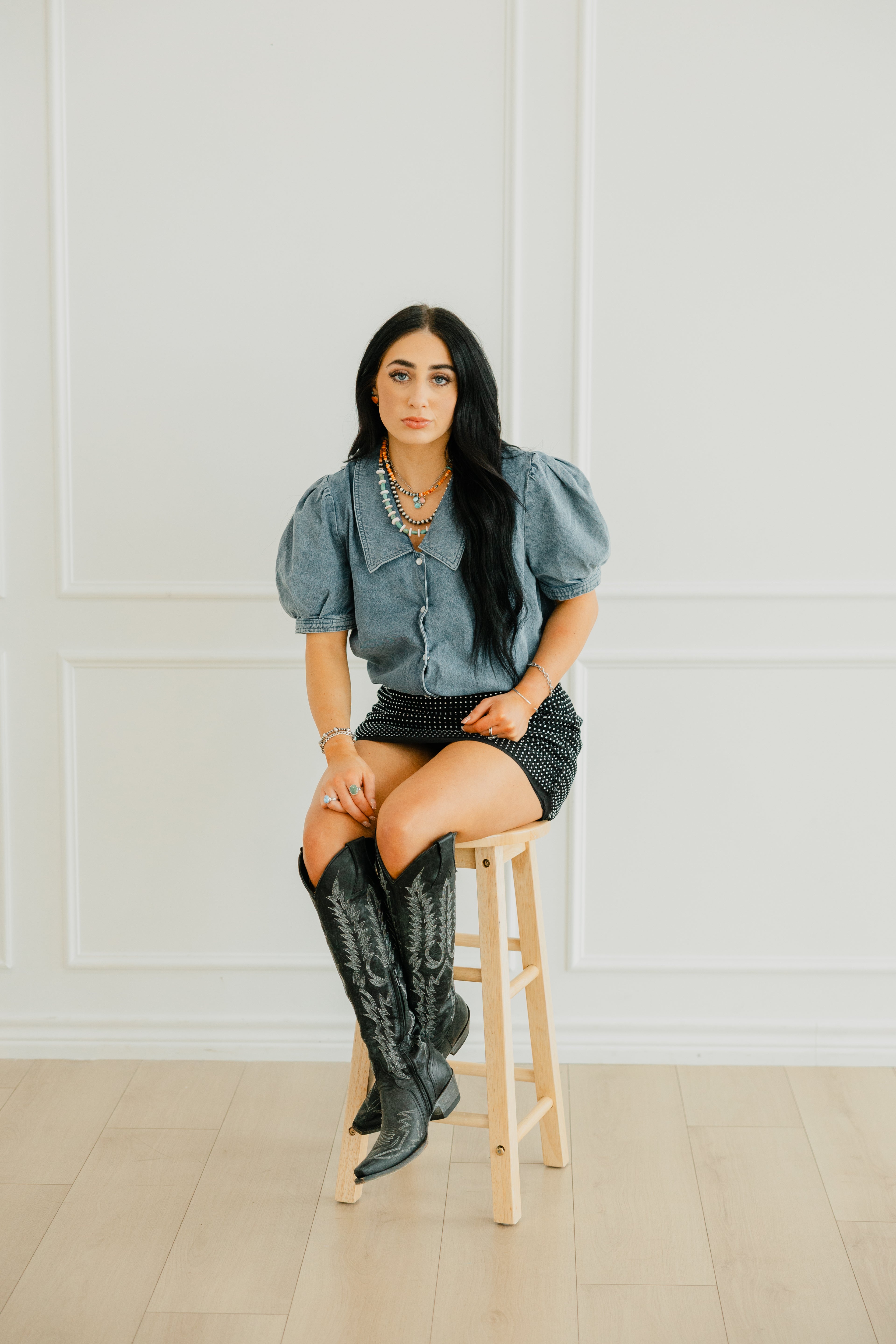 pearl puff denim top