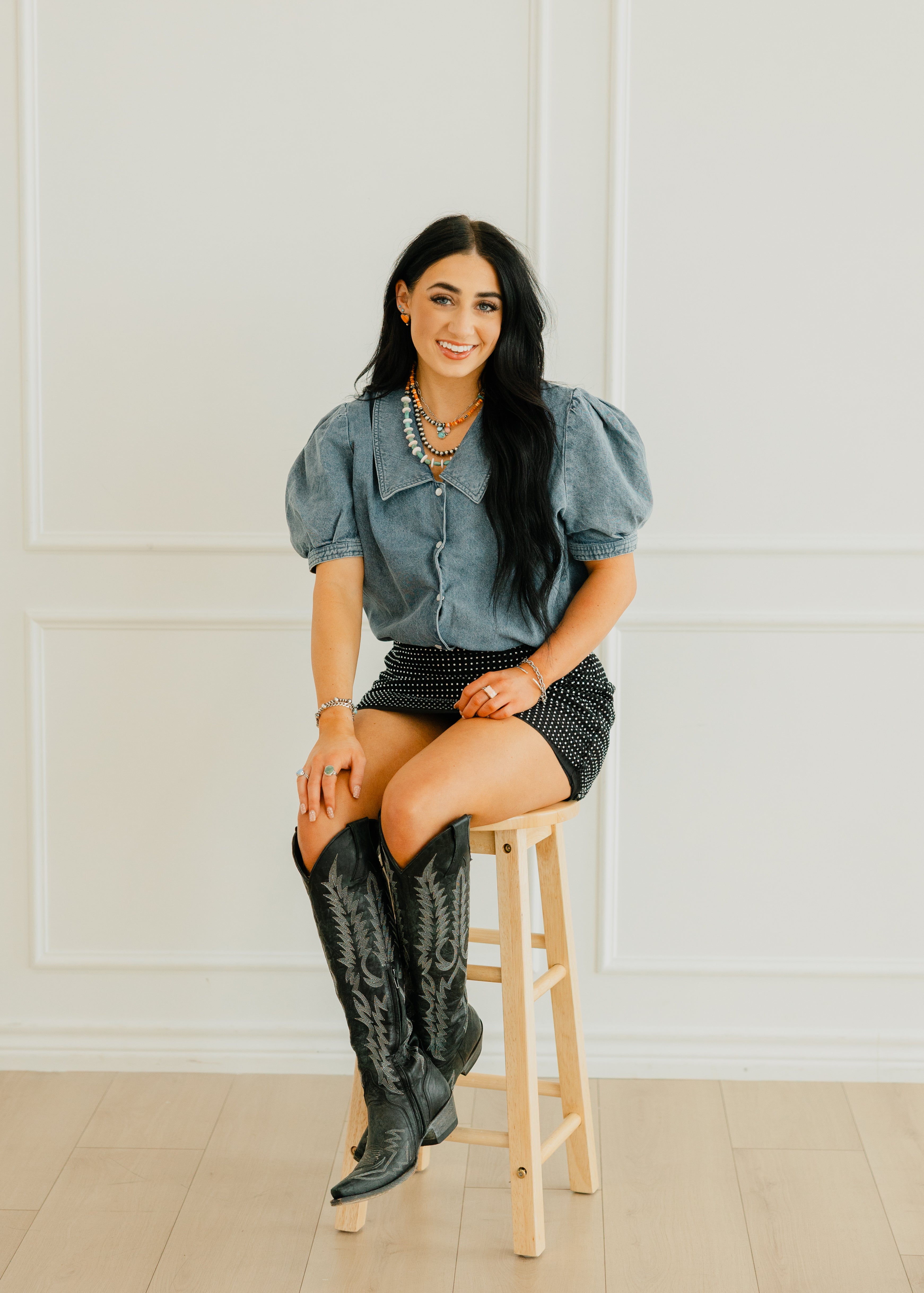 pearl puff denim top