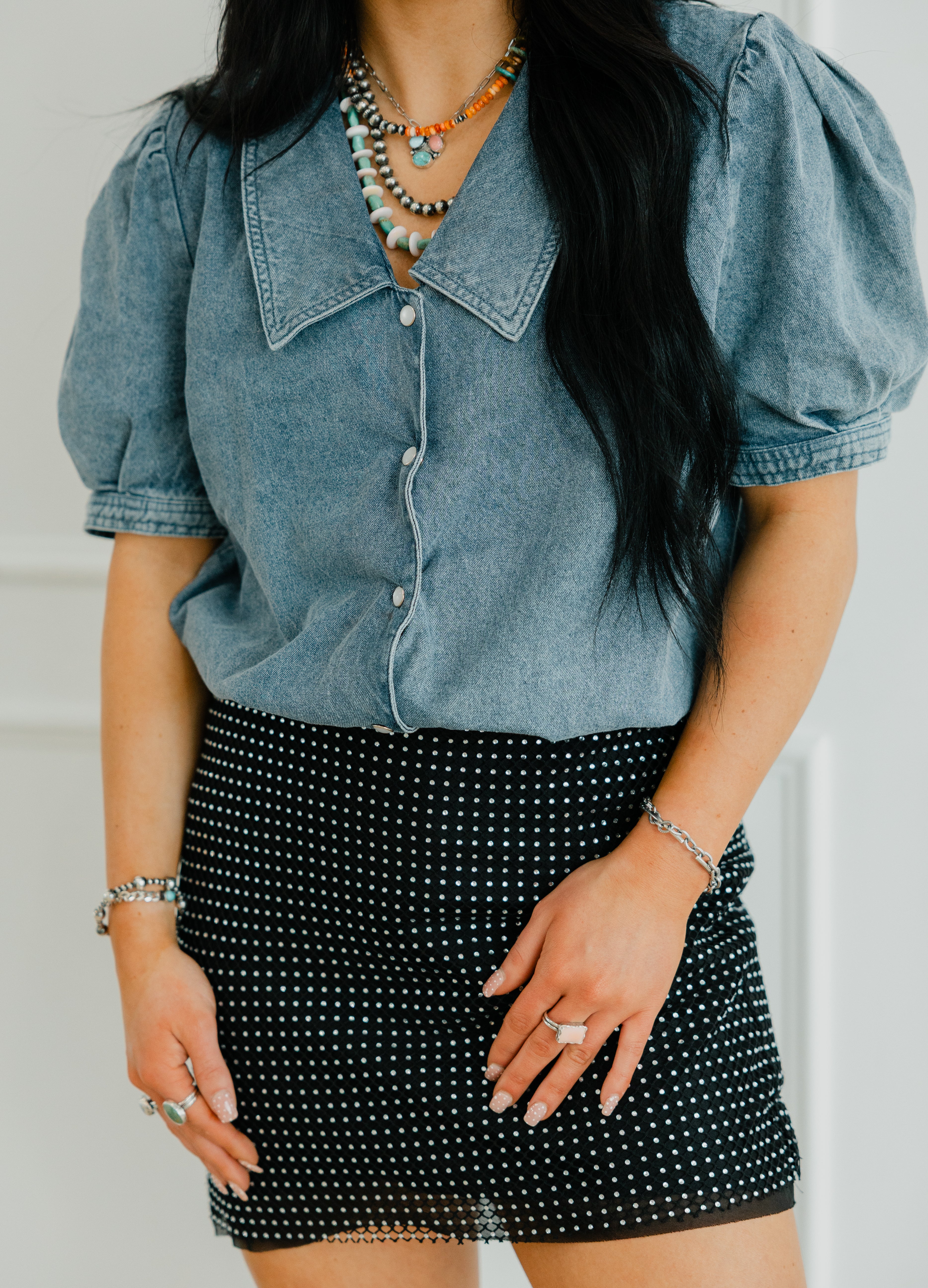 pearl puff denim top