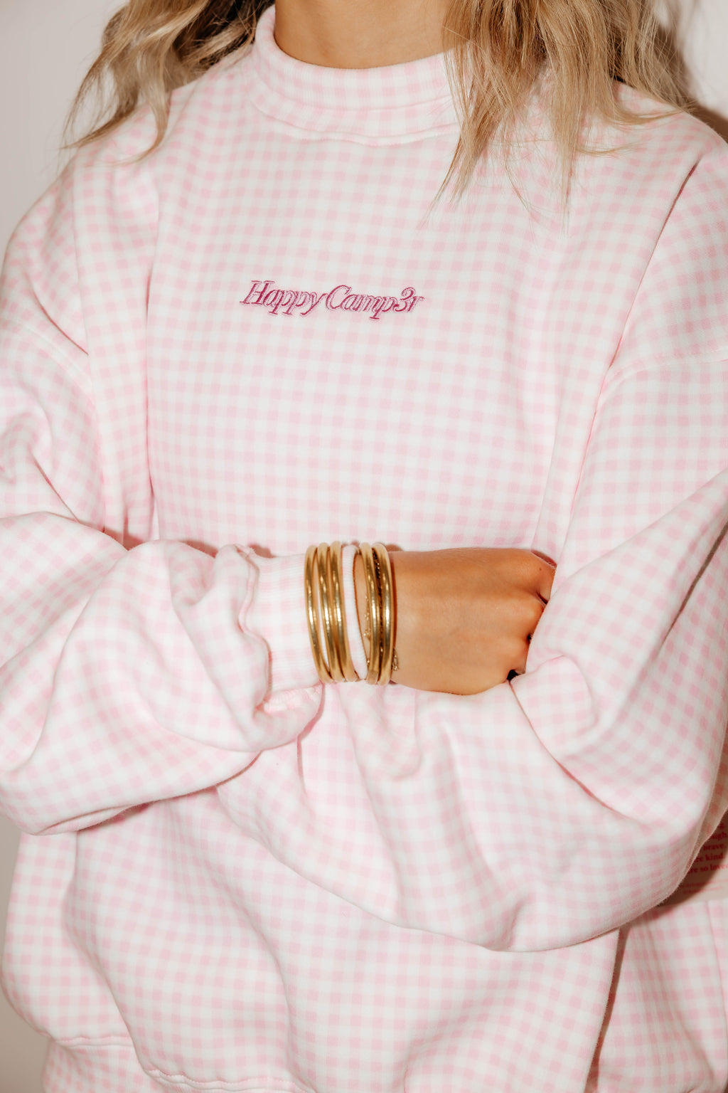 pink gingham mockneck
